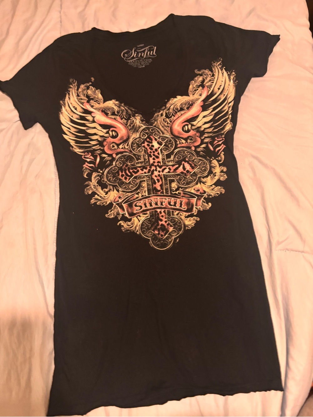 Sinful Black Short-Sleeve Tee with Pink and Gold Winged Cross Artwork